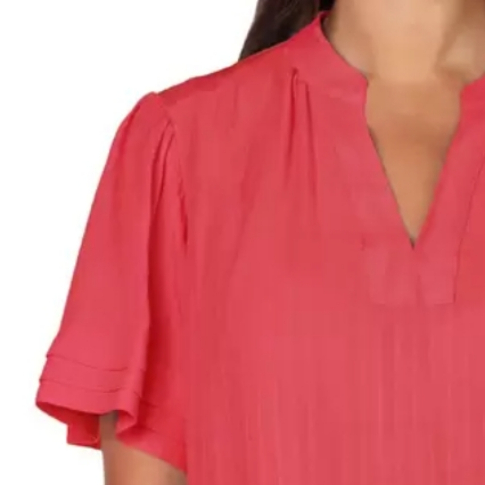 Well Worn Vibrant Pink Relaxed-Fit Ruffled Short-Sleeve V-neck Blouse - Picture 3 of 8
